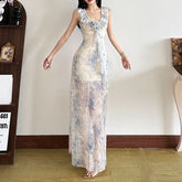 Ruffle flower applique print v neck maxi dress