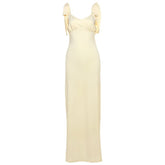 Self tie v neck ruched backless maxi dress