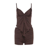 V neck solid ruched ruffle cami short pant set