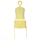 Halter beaded drawstring short pant set