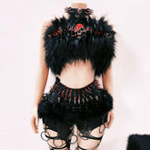 Skull applique fluffy rivet o ring leg warmer top