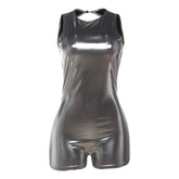 Metallic button crewneck backless romper