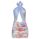 Lace hem hollow out halter ruched cut out mini dress