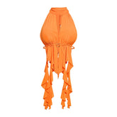 Hollow out ruched self tie halter cut out top