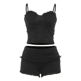Ruffle v neck backless solid cami pant set