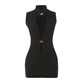 Hollow out zip-up v neck solid cut out mini dress