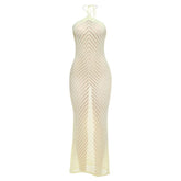 Self tie halter knitted hollow out cut out maxi dress