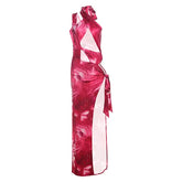 Hollow out irregular slit print halter cut out maxi dress
