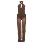 Hollow out button halter ruched maxi skirt set
