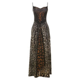 Leopard print lace up spaghetti strap maxi dress