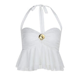 Halter self tie ruched mesh solid top