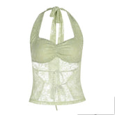 Lace halter self tie v neck ruched top