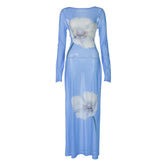 Long sleeve flower print self tie mesh maxi dress
