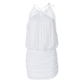 Ruched mesh beaded cross front mini dress