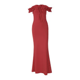 Ruffle off shoulder self tie solid midi dress