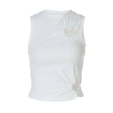 Crewneck heart hollow out ruched solid cut out top
