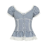 V neck lace hem plaid puff sleeve ruched top