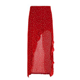 Ruffle slit irregular zip-up flower print midi skirt