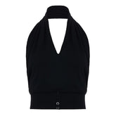 V neck halter button backless solid top
