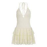 Hollow out v neck lace self tie halter cut out mini dress