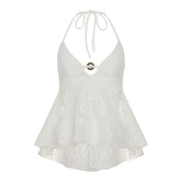 Halter self tie v neck o ring lace hollow out cut out top
