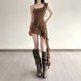 Irregular ruffle self tie square neck mini dress
