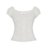 Button v neck puff sleeve ruffle solid top