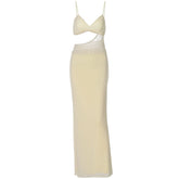 V neck solid hollow out mesh cami cut out maxi dress