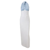 Halter backless contrast maxi dress