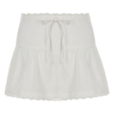 Zip-up lace hem ruched A line self tie mini skirt