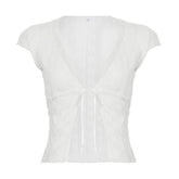 Lace cap sleeve v neck self tie solid top