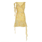 Mesh ruffle v neck print irregular mini dress