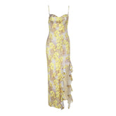 Flower print ruffle slit cami maxi dress
