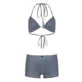Plaid self tie halter bowknot low rise pant set
