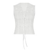 Self tie hollow out v neck ribbed solid cut out top