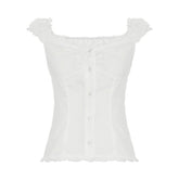 Ruffle button striped puff sleeve ruched top