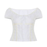 Short sleeve button ruched round neck top
