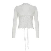 Long sleeve lace hem v neck self tie top