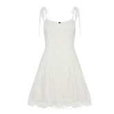 Lace u neck self tie flower applique cami mini dress
