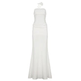 Ruched mesh patchwork solid tube maxi dress