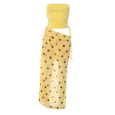 Polka dot hollow out drawstring ruched tube cut out maxi dress