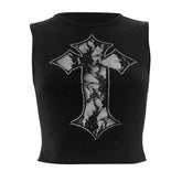 Beaded crewneck sleeveless cross lace top