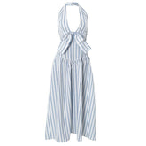 Striped bowknot zip-up halter maxi dress