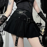 Pleated A line belt embroidery mini skirt
