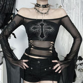 Long flared sleeve mesh off shoulder beaded top