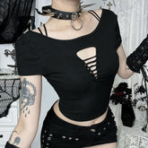 Hollow out short sleeve round neck solid cut out top