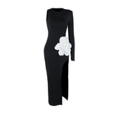 Long sleeve crewneck slit flower applique maxi dress