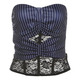 Striped print lace patchwork tube top