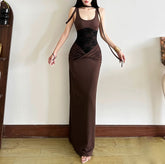 U neck lace patchwork ruched maxi dress