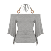 Off shoulder halter o ring ruched self tie top